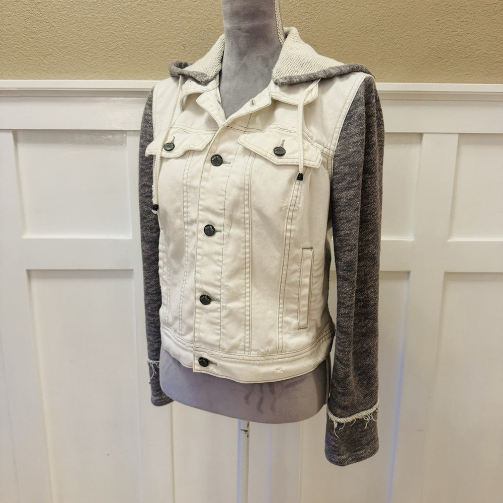 Free People Knit Sleeve Distressed Denim Jacket Size:M Removable Hood Women